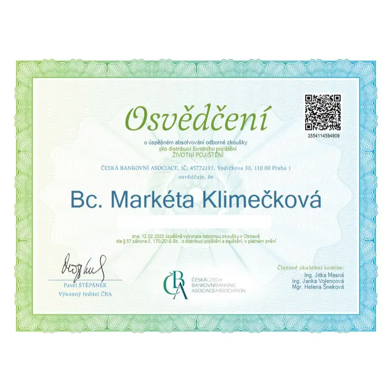 marketa klimeckova pojisteni certifikat